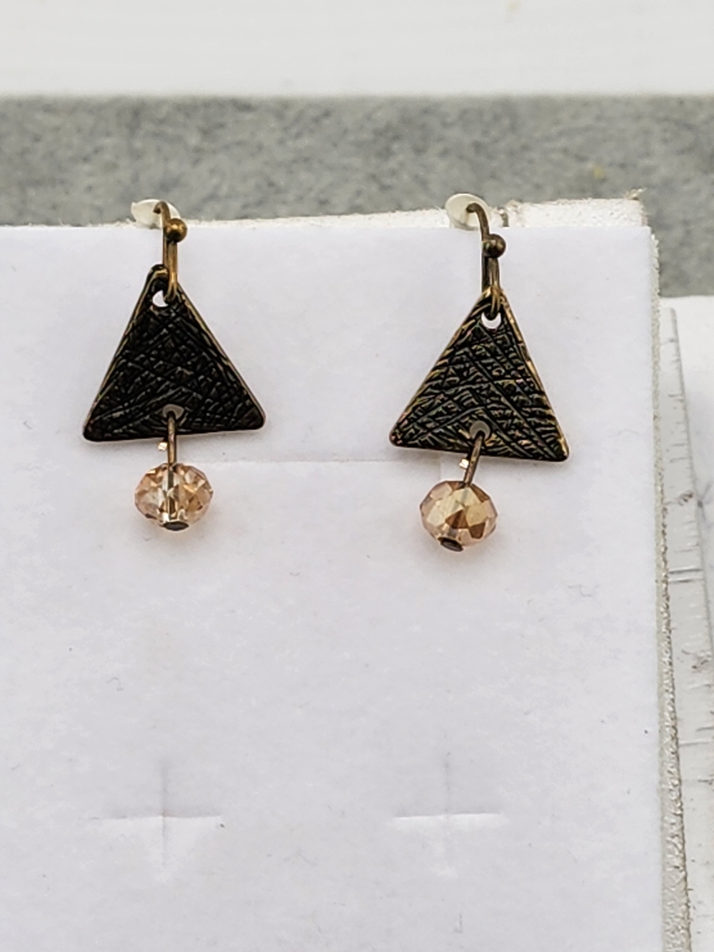 Bronze Triangle Drop Earrings with Champagne Bead E001